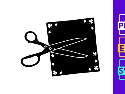 Open Scissors Cutting through Decorative Paper Adorned with Clovers and Stars, Ideal for Crafting, Seasonal Decor, and Creative Projects. Vector Icon.