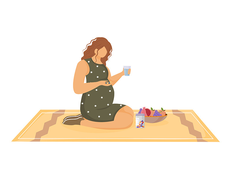 Pregnant woman taking pills flat vector illustration