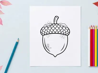 Close-up of an acorn with textured cap and smooth nut. Nature-inspired design element for educational or botanical projects.
