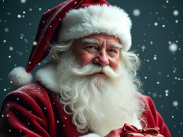 Santa Claus holds a small red gift in a close-up shot. preview picture