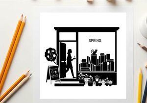 Silhouette of woman entering storefront with spring cityscape and flowers