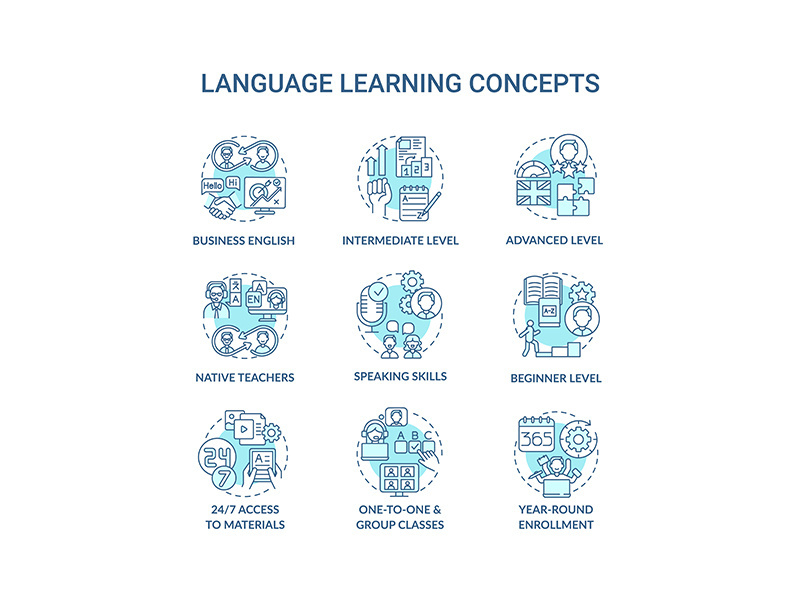 Language learning concept icons set
