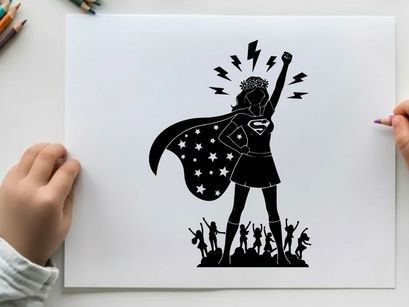 Empowered female superhero silhouette with patriotic cape and crowd