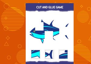10 Pages Cut and glue game for kids with fish. Cutting practice for preschoolers. Education worksheet.