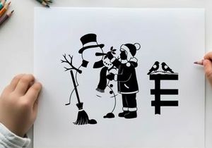 Silhouette of snowman and girl with broom and birds