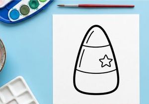 Candy corn coloring page for kids. Simple Halloween treat line art illustration.