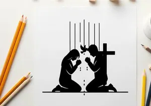 Silhouette of two praying figures by a cross with dove