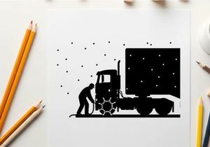 Silhouette of a man refueling a large truck on a snowy night