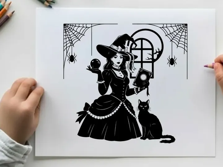 Silhouette of a witch and her black cat on a spooky night
