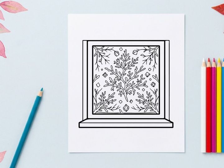 Christmas window drawing with festive pine tree pattern and winter snowflake decorations