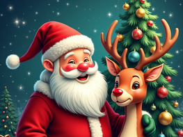 A festive illustration shows Santa Claus with a reindeer beside a decorated Christmas tree. preview picture