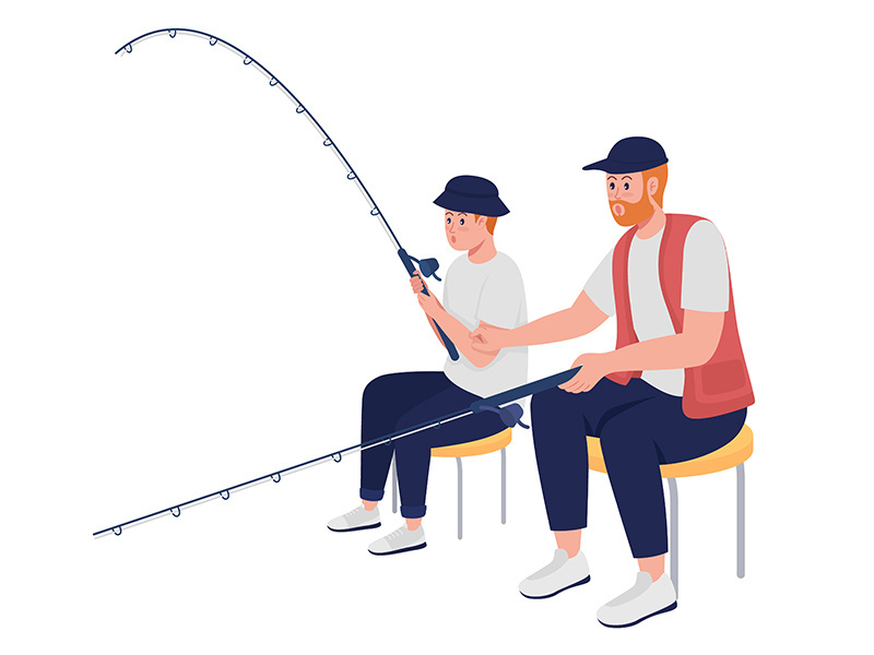 Father teaching teenager to catch fish semi flat color vector characters