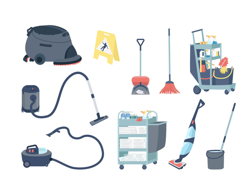 Janitorial supplies flat color vector objects set