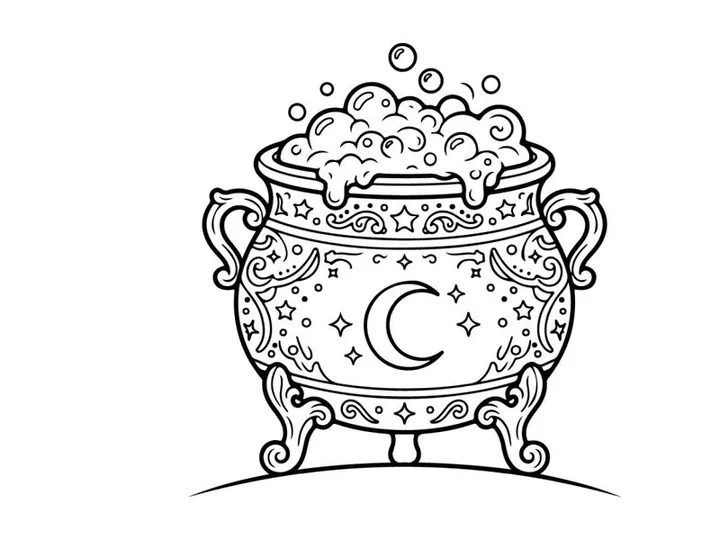 Vintage cauldron with bubbling potion and steam rising. Classic witchcraft black iron cooking pot for Halloween spells and magic rituals.