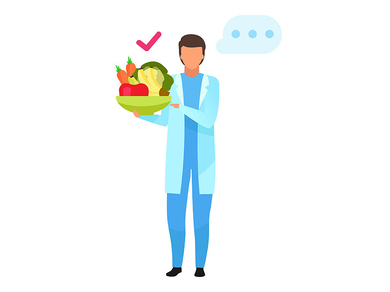 Doctor recommending fresh fruits and vegetables consumption flat vector illustration