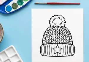 Winter knit beanie hat with pom pom and star icon line art illustration