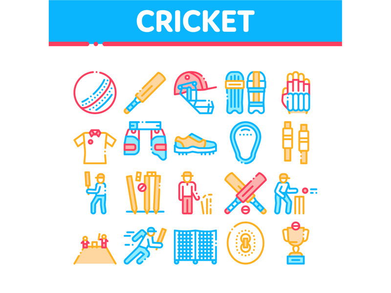 Cricket Game Collection Elements Icons Set Vector