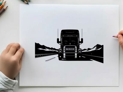 Silhouette of a large truck driving on a mountain road