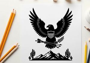 American eagle silhouette with mountains and cacti landscape