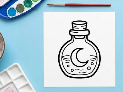 Magic potion bottle with moon icon. Witchcraft elixir flask for Halloween design.