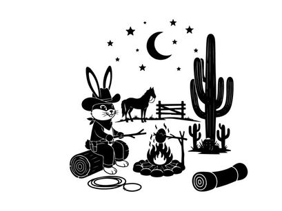 Western bunny silhouette under starry night sky with horse and cactus