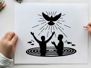 Silhouette of dove descending upon two figures in water silhouette preview picture