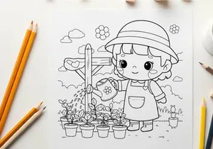 Cute girl watering plants in garden vector illustration