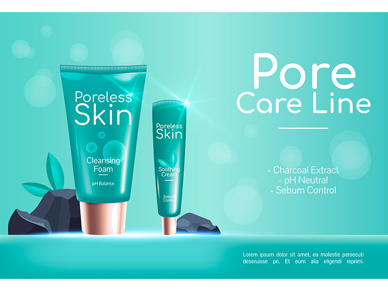 Pore skin care line realistic vector product ads banner template