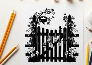 Silhouette of a girl behind a wooden picket fence with flowers