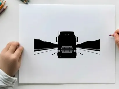 Silhouette of a semi truck driving down a highway with mountains