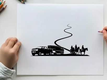 Silhouette of a truck towing a horse trailer with riders in a unique combination