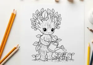 Cute tree child watering plants flat design vector illustration
