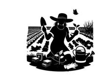 Silhouette of a person gardening in a field at sunset