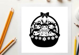 Silhouette of sanrio characters in easter basket with flowers and bow