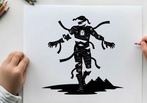 Silhouette of a mystical figure with ribbons and mountains
