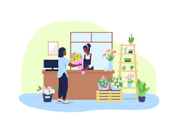 Inside florist store 2D vector web banner, poster preview picture