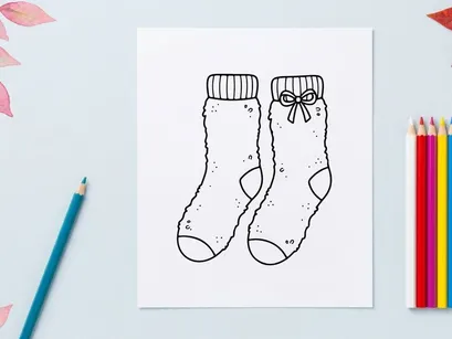 Calcetines navideños dibujados a mano con decoración de regalo de lazo aislados sobre fondo blanco