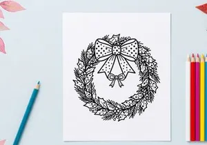 Christmas wreath line art illustration with a decorative bow and holly leaves