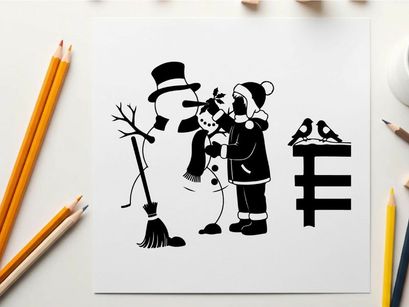 Silhouette of snowman and girl with broom and birds