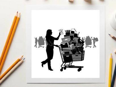Silhouette of woman pushing overloaded shopping cart with groceries and household items