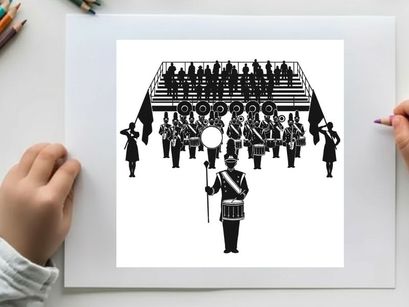 Silhouette of a marching band performing on bleachers with drum major leading