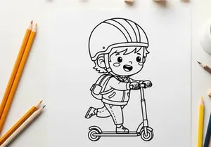 Child riding scooter with helmet vector illustration