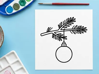 Christmas bauble hanging on a pine tree branch line art illustration isolated on white.