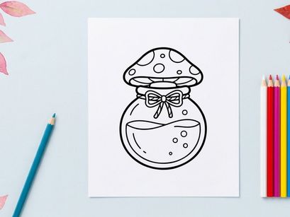 Cute cartoon mushroom jar with bow gift. Whimsical toadstool container illustration for festive decor.