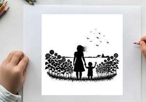 Silhouette of a woman and child in a field of sunflowers