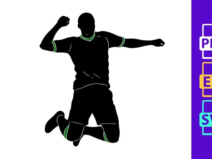 A silhouette of a man jumping in the air with his arms outstretched and fist raised