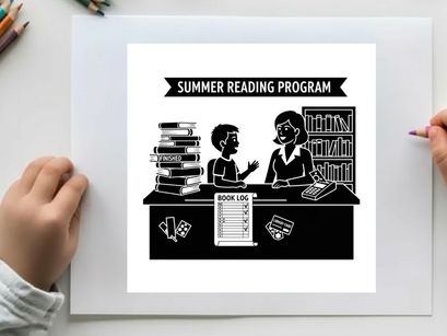 Summer reading program silhouette illustration of kids and librarian