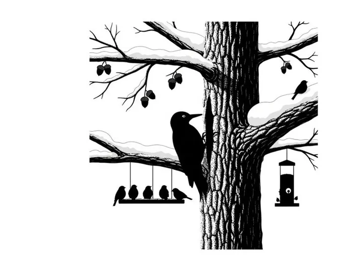 Silhouette of birds on a tree with bird feeders and branches