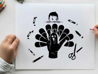 Child behind a silhouette turkey craft with art supplies