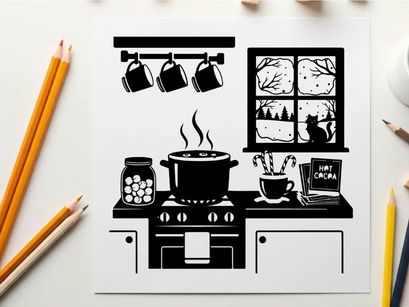Silhouette of a cozy kitchen with hot cocoa